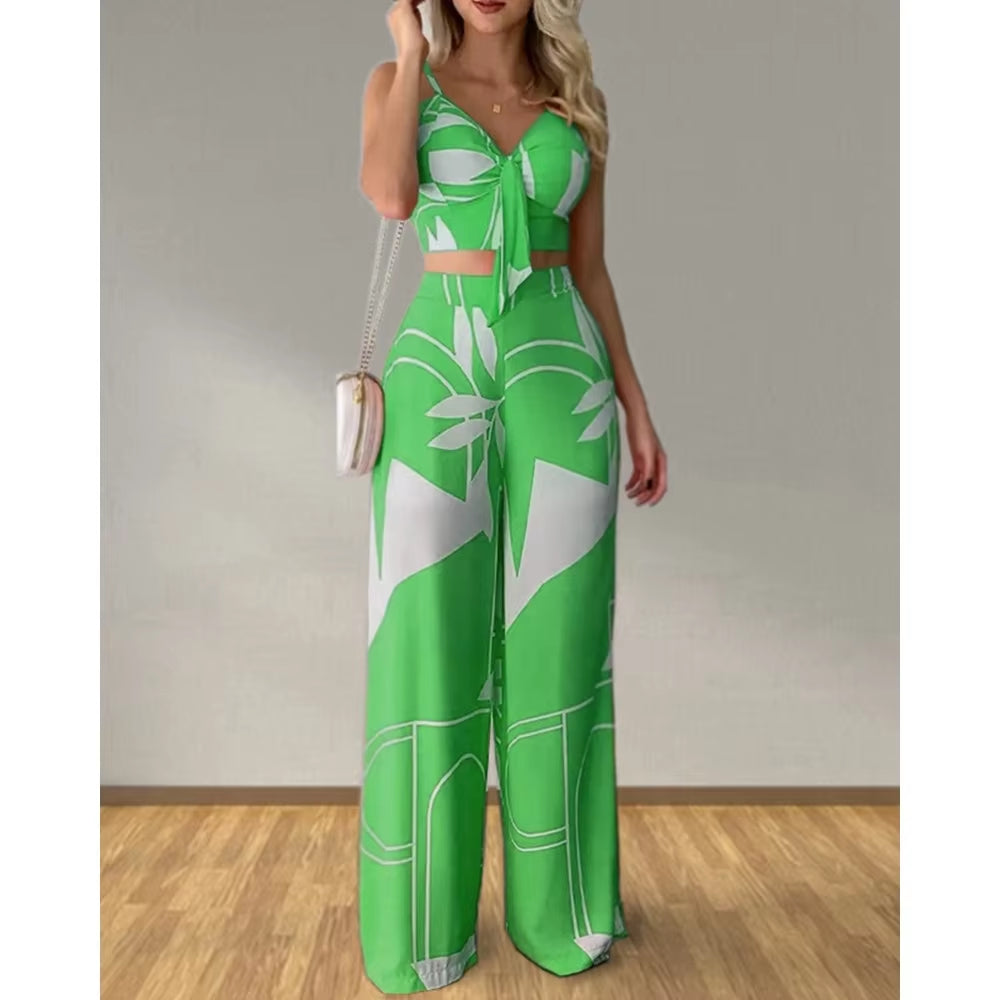 Summer Women Tropical Print Spaghetti Strap Casual Lace up Back Top &High Waist Pants Set 2 Pieces Suit Sets 2023 Woman Clothing