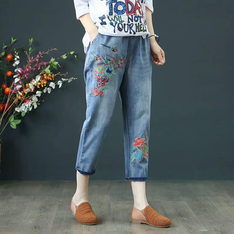 Baggy Jeans Women High Waist plus Size Mom Ladies Jeans Trousers Denim Embroidery Loose Ankle Length Harem Pants Elastic Waist