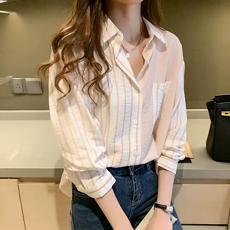 Striped Casual Pockets Long Sleeve Shirt Women Cotton Blouse Ladies Clothes 2022 Button Womens Tops Chemisier Femme