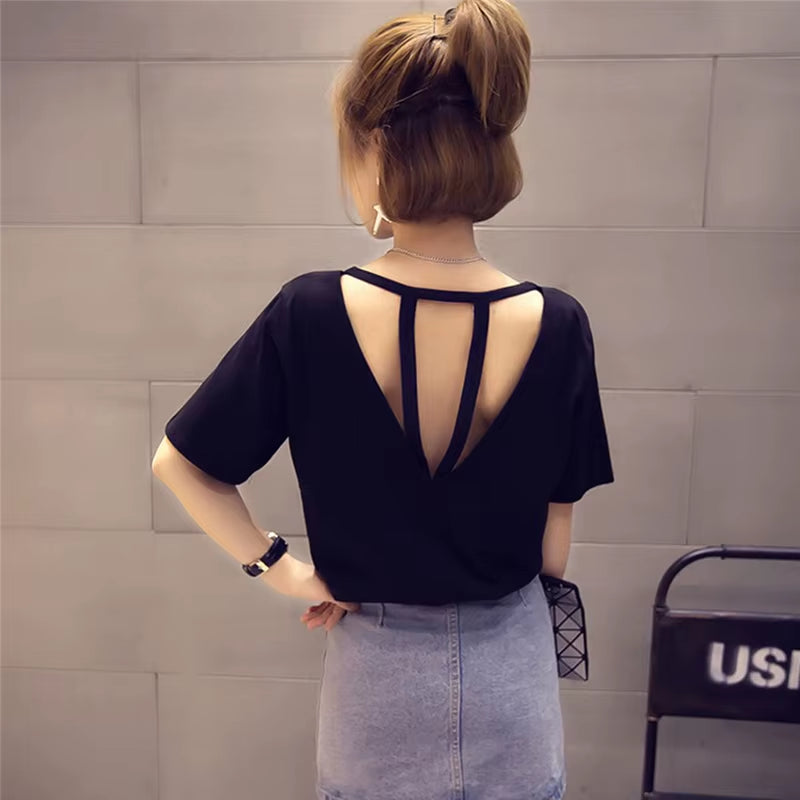Sexy Backless Hollow Out T-Shirt Tops Women Summer Short Sleeve Solid Color Loose T Shirt Casual plus Size Tee Shirt Femme