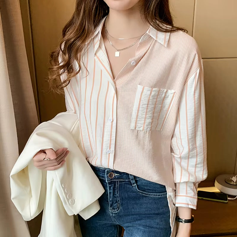 Striped Casual Pockets Long Sleeve Shirt Women Cotton Blouse Ladies Clothes 2022 Button Womens Tops Chemisier Femme