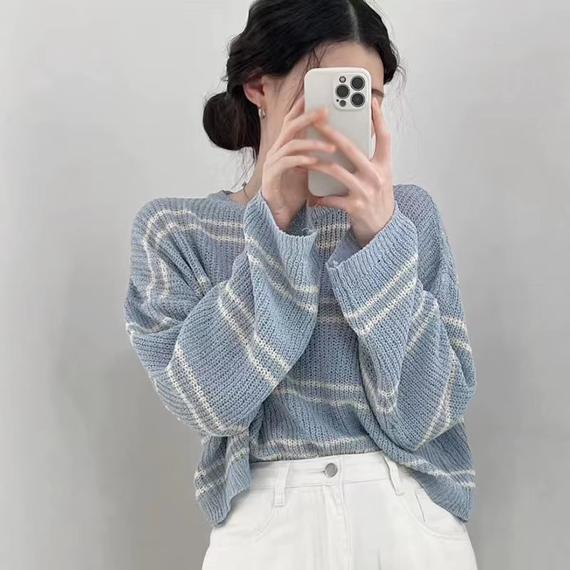 Women'S Sun Protection Clothing Tops round Neck Sweaters Striped Long Sleeved Hollowed Out Sun Protection