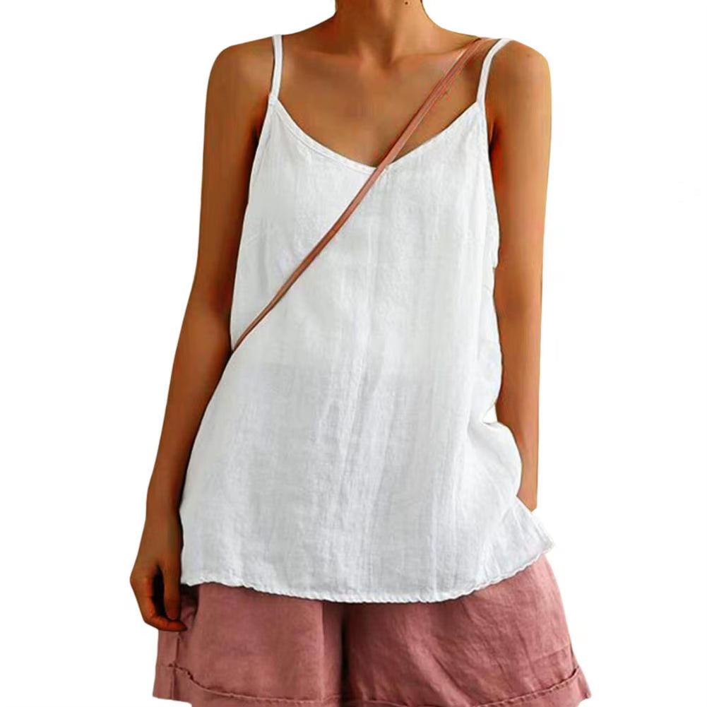 Women'S Summer Top Cotton Linen Spaghetti Strap Top V-Neck Sleeveless Loose Women Vest Sexy Sling Blouse Top Female Clothing
