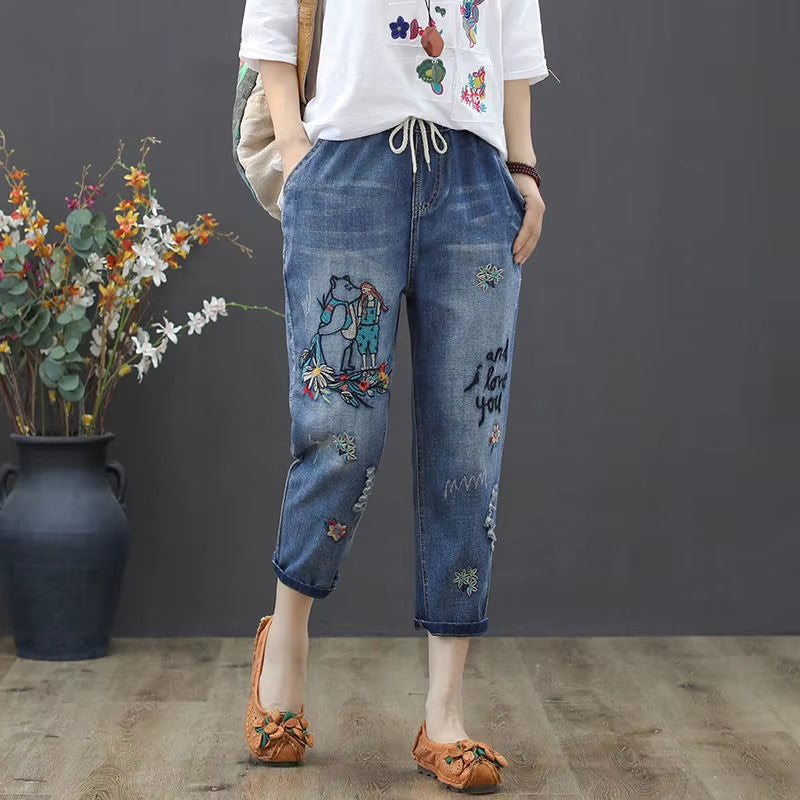Baggy Jeans Women High Waist plus Size Mom Ladies Jeans Trousers Denim Embroidery Loose Ankle Length Harem Pants Elastic Waist
