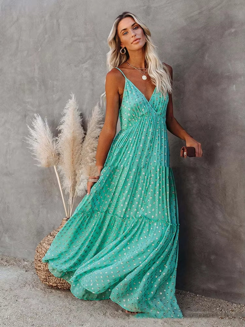 Women’S Summer Maxi Dress – Sleeveless V-Neck Spaghetti Strap Backless Boho Beach Dress, Pleated Loose Long Sundress