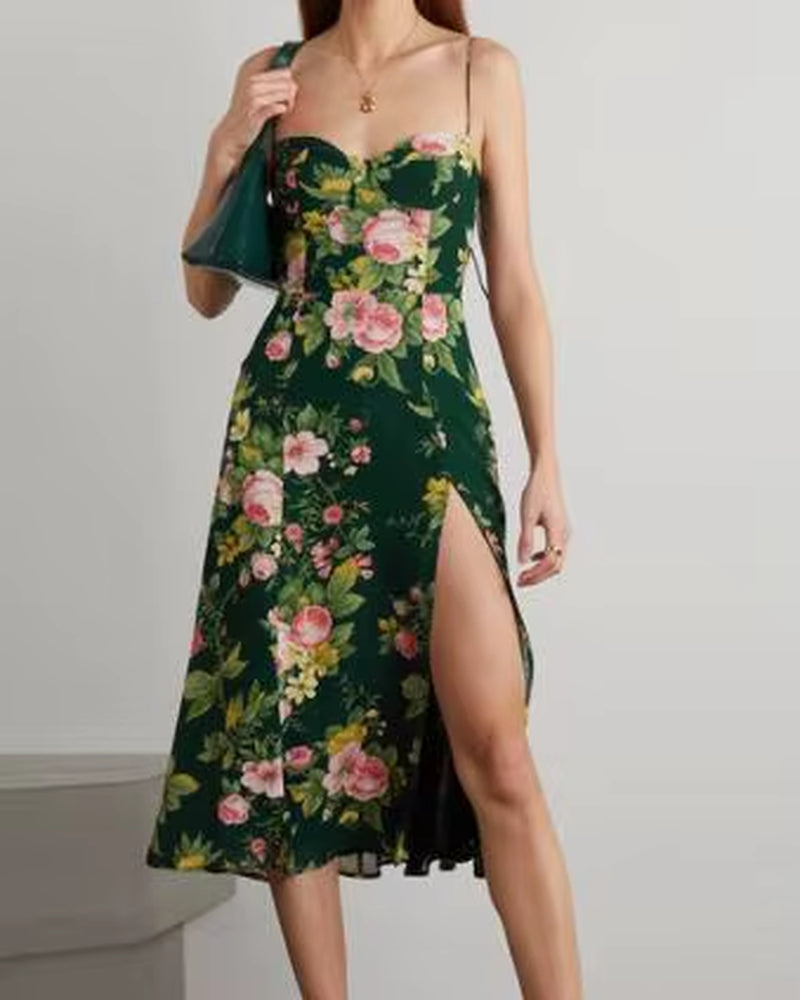 2025 Women Summer Spaghetti Strap Midi Dressweanavy Floral Print Dres Sexy Split Vestidos Global